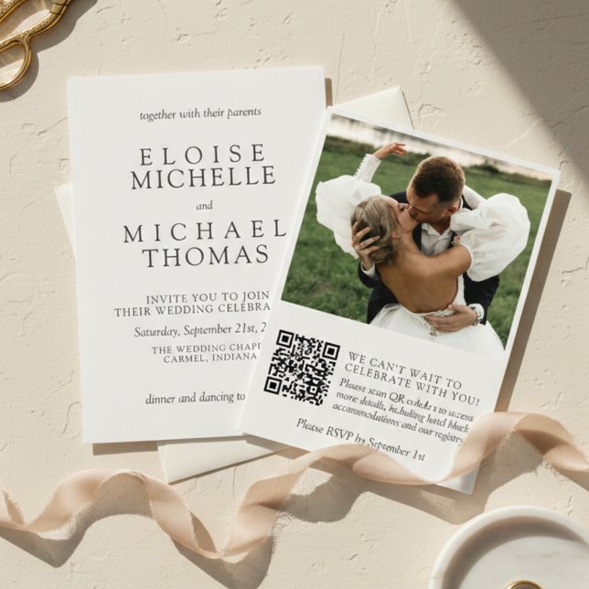 Einfache, elfenbeinfarbene Hochzeit mit QR-Code Cl Einladung (Simple Ivory Photo Classic QR Code Wedding Invitation)