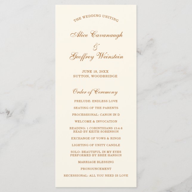 Einfache Elfenbeinkupfer Elegante Hochzeit Programm (Vorderseite)