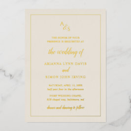 Einfache Elfenbeinmongram-Hochzeit Folieneinladung
