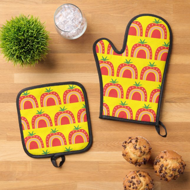 Einfache Erdbeere Regenbogen Frucht Muster Gelb Ofenhandschuh & Topflappen-Set (Oben Unten)