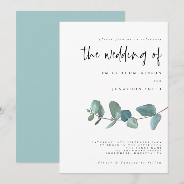 Einfache Eukalyptus-Aquamarine Hochzeitseinladung Einladung (Vorne/Hinten)