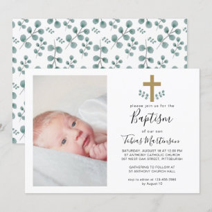 Einfache Eukalyptus-Blätter mit Foto über die Tauf Einladung