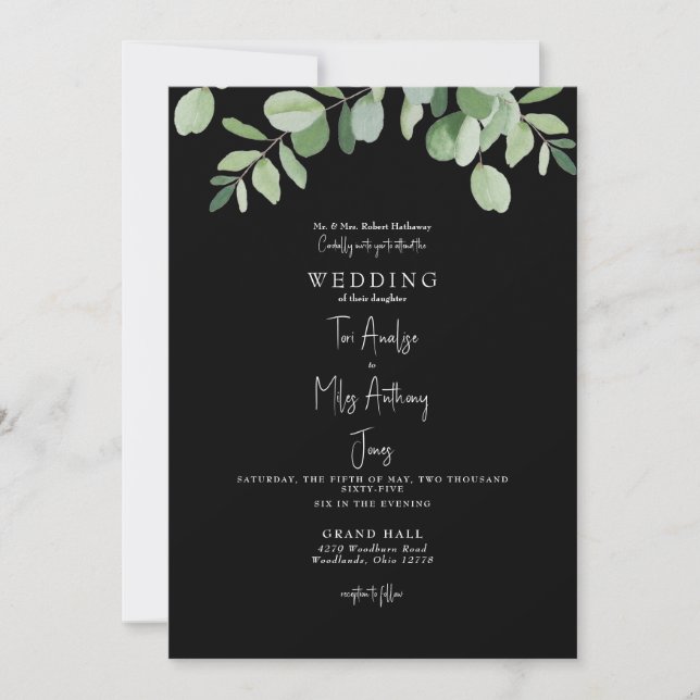Einfache Eukalyptus Greenery Black Wedding Einladung (Vorderseite)