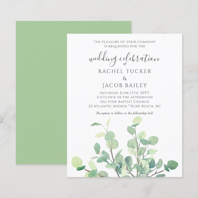 Einfache Eukalyptus-Grüne Einladung zur Hochzeit (Vorne/Hinten)