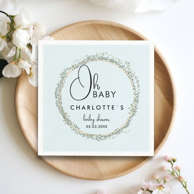 Einfache Eukalyptus-Kranz-Kinderdusche Serviette (Simple, eucalyptus wreath Baby Shower Napkins with your name and date.)