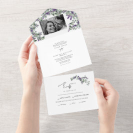 Einfache Eukalyptus & Lavender Zwei-Foto Hochzeit  All In One Einladung