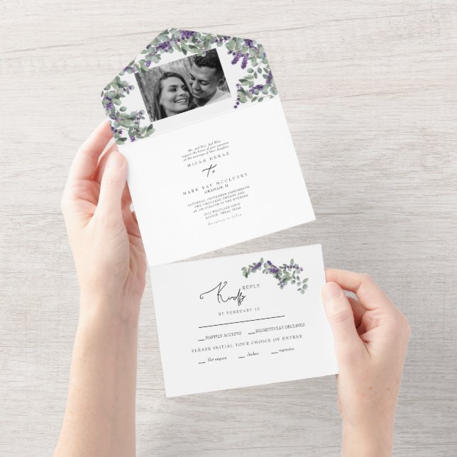 Einfache Eukalyptus & Lavender Zwei-Foto Hochzeit  All In One Einladung (Abreißen)