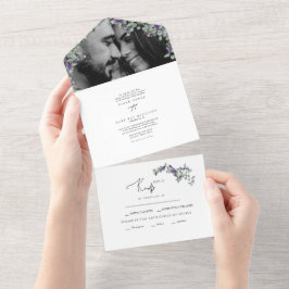 Einfache Eukalyptus & Lavender Zwei-Foto-Hochzeit All In One Einladung