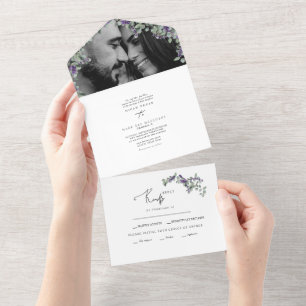 Einfache Eukalyptus & Lavender Zwei-Foto-Hochzeit All In One Einladung