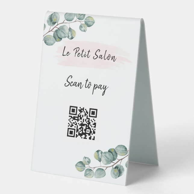 Einfache Eukalyptus QR Code Scan zum Pay Salon Tischaufsteller (Vorderseite)