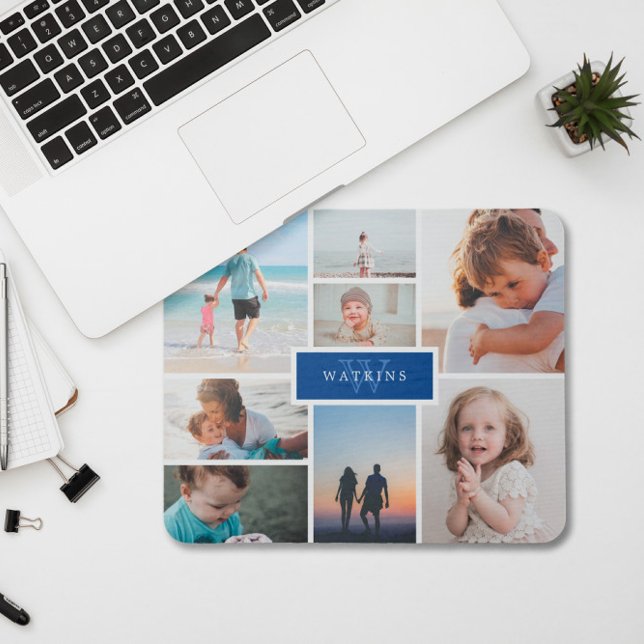 Einfache Familienfoto-Collage & Blue Monogram Mousepad (Von Creator hochgeladen)