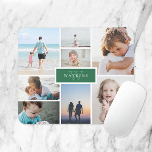 Einfache Familienfoto-Collage und grünes Monogram Mousepad