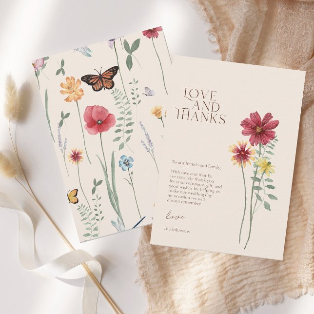 Einfache farbenfrohe Wildblume Liebe und Dank Hoch Dankeskarte (Simple Colorful Wildflower Floral Wedding Love and Thanks Card)