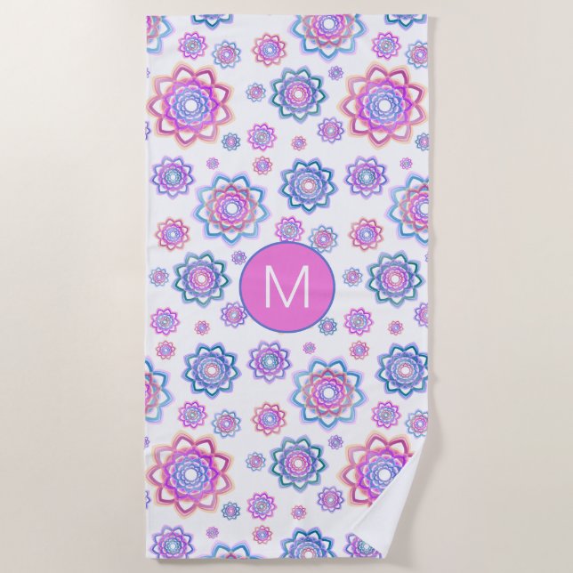Einfache Floral Lotus Monogram Pink Pastell Green Strandtuch (Vorderseite)