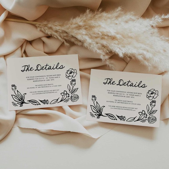 Einfache florale Hochzeitskarte Begleitkarte (Whimsical Hand Drawn Floral Wedding Details Card)