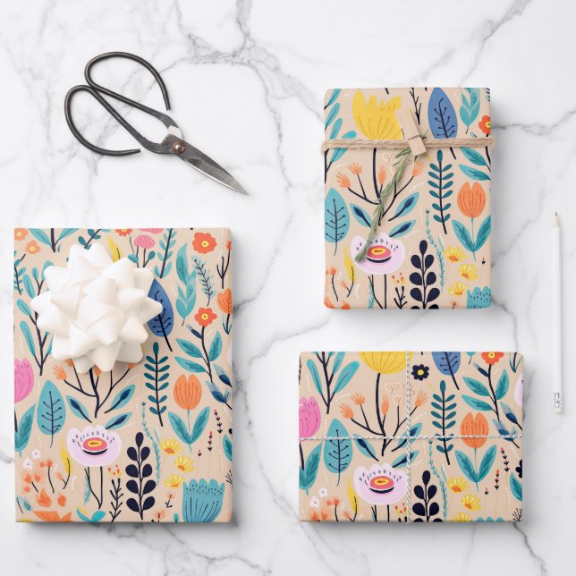 Einfache florale Moderne Volkskunst Illustration Geschenkpapier Set (Vorderseite)