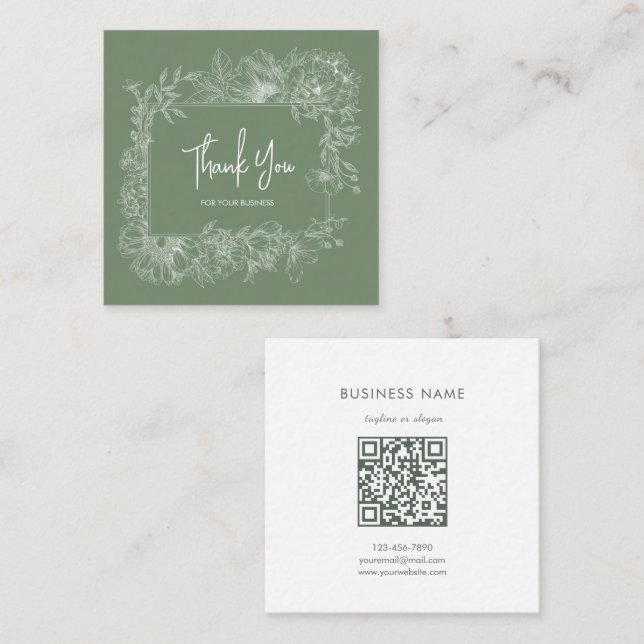 Einfache florale natürliche Leaf Green QR Code Vie Quadratische Visitenkarte (Vorne/Hinten)