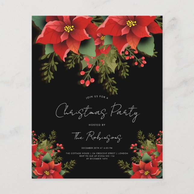 Einfache florale Weihnachtsfeiertage Black Invite  Flyer (Vorne)