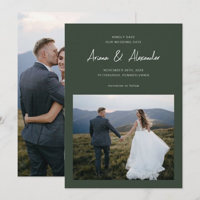 Einfache Forest Green Script Foto Hochzeit Save The Date (Vorne/Hinten)