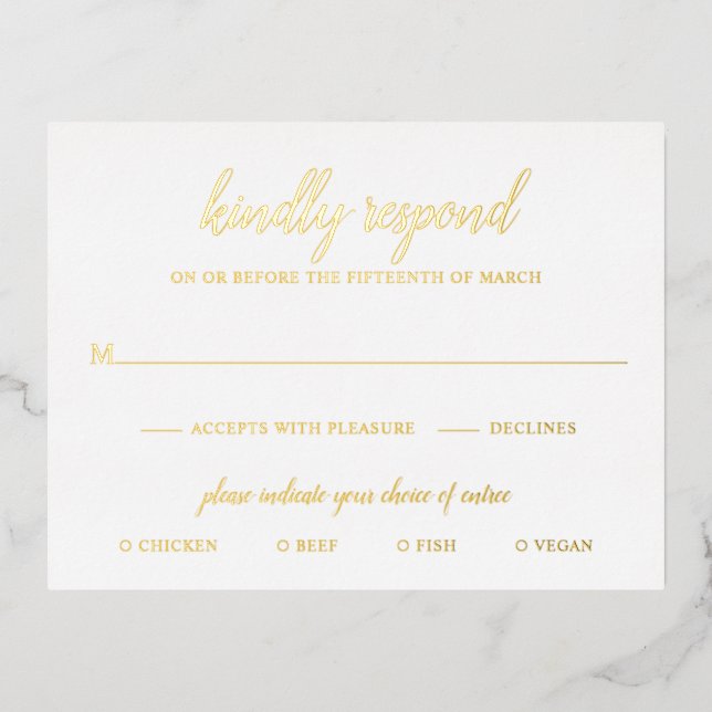 Einfache formelle Gold Foil Wedding RSVP Karte (Vorderseite)