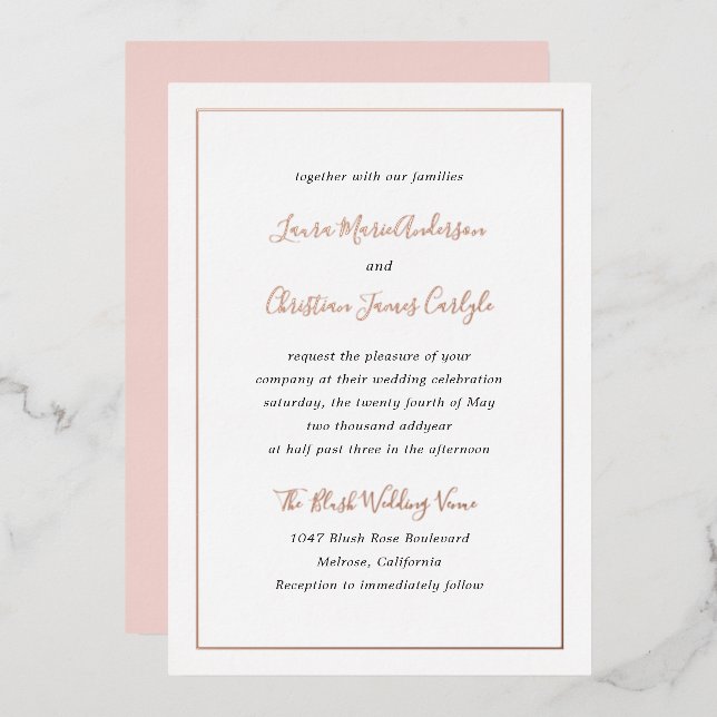 Einfache formschöne Rosa-Blush-Hochzeit-Rose Gold Folieneinladung (Vorderseite/Rückseite)