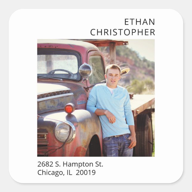 Einfache Foto Abschluss Rücksendeadresse Quadratischer Aufkleber (Vorderseite)