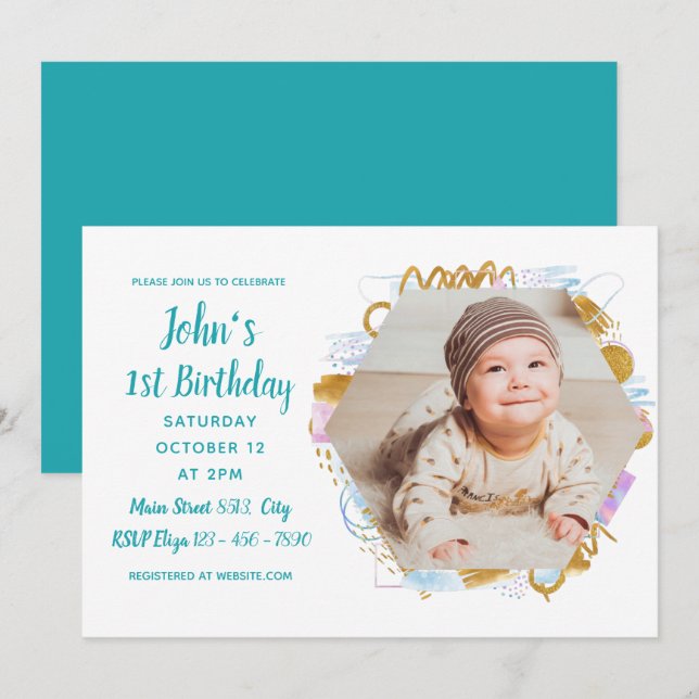 Einfache Foto Baby First Birthday farbig Einladung (Vorne/Hinten)