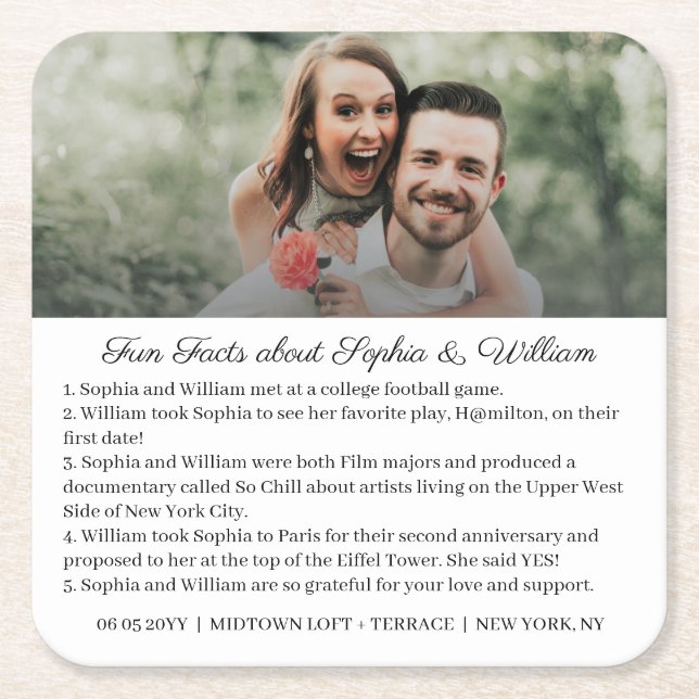 Einfache Foto Black Calligraphy Fun Facts Hochzeit Rechteckiger Pappuntersetzer (Vorderseite)