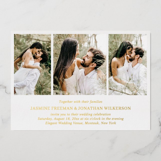Einfache Foto Collage Elegante Hochzeit Folieneinladung (Vorderseite)