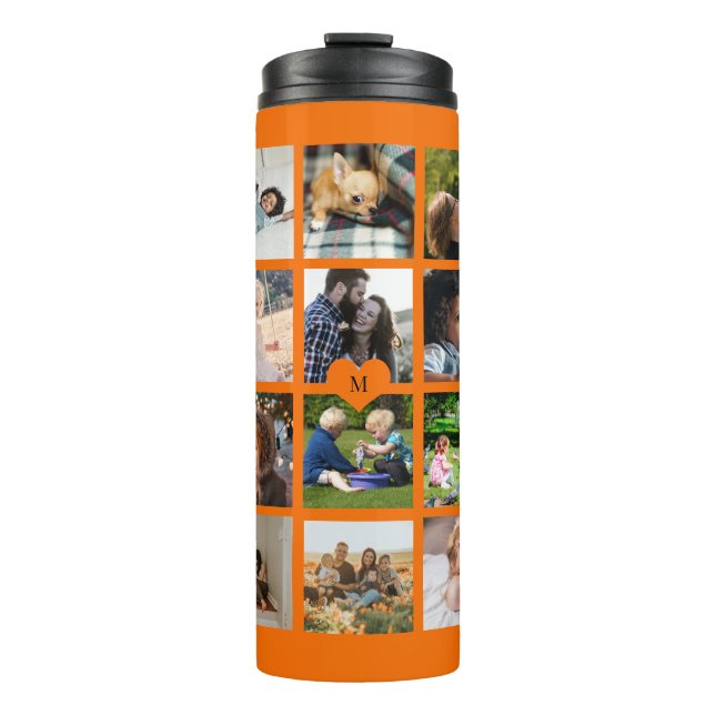 Einfache Foto-Collage mit Monogramm Keepake-Orange Thermosbecher (Vorderseite)