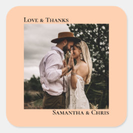 Einfache Foto Coral Peach Liebe & Danke Hochzeit Quadratischer Aufkleber