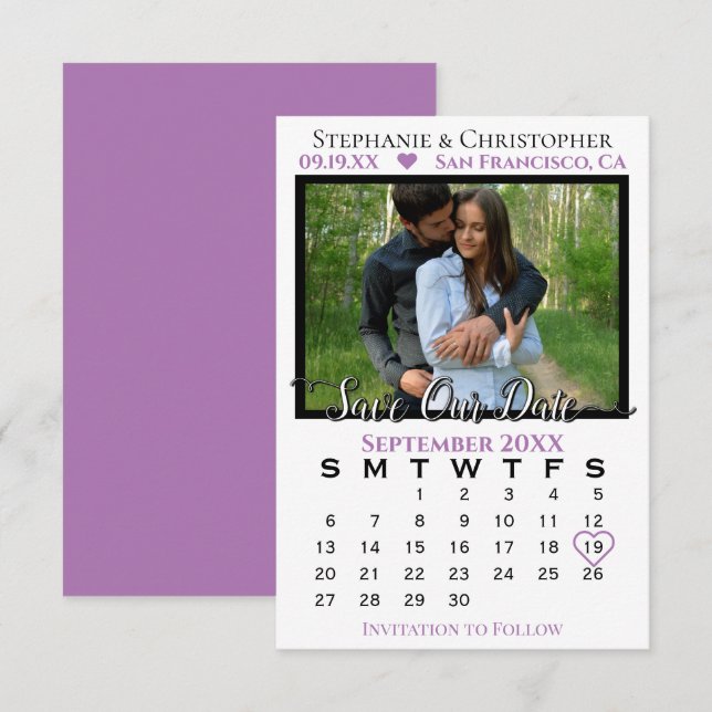Einfache Foto Kalender Lila Hochzeit Rettete Unser Karte (Vorne/Hinten)