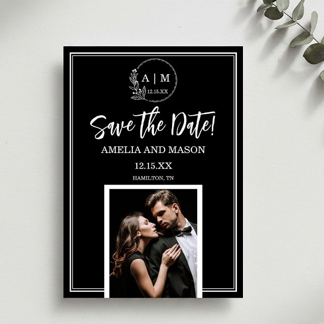Einfache Foto-Minimal-Monogramm-Hochzeitseinladung Einladung (Simple Photo Minimal Monogram Save the Date Card)