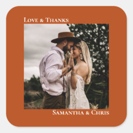 Einfache Foto Rost Orange Liebe & Dank Hochzeit Quadratischer Aufkleber