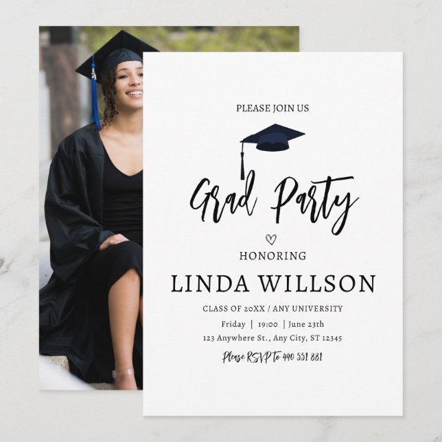 Einfache Foto Schwarz-Weiß-Graduierungsparty Einladung (Vorne/Hinten)