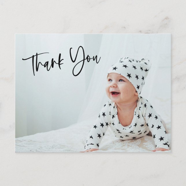Einfache Foto Script Letters Danke Baby Geschenk Postkarte (Vorderseite)