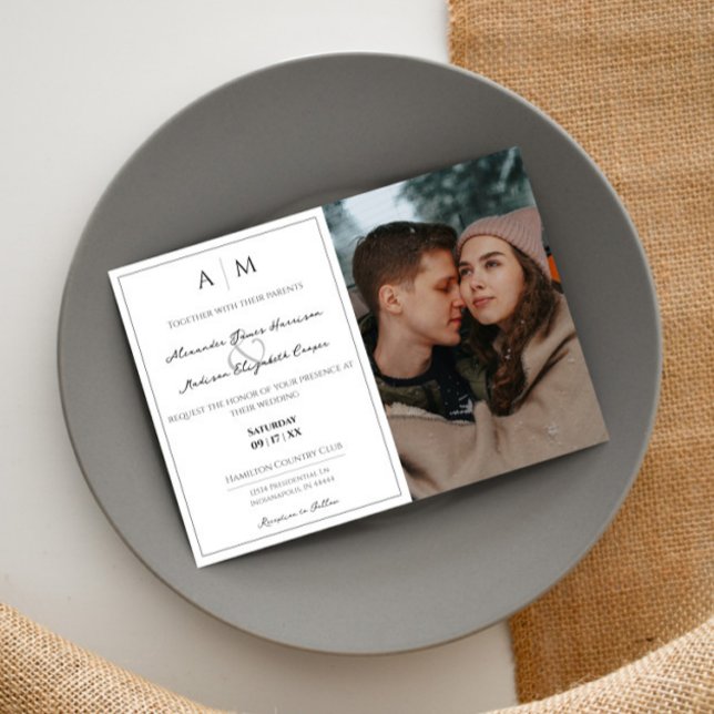 Einfache Foto- und Monogramm-Hochzeit Einladung (White Simple Photo and Monogram Wedding Invitation)