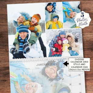 Einfache Fotocollage 5 pro Monat Benutzerdefiniert Kalender