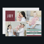 Einfache Freude 3 FotoCollage Moderne Streifen | M Feiertagskarte<br><div class="desc">Diese stilvolle 3-Foto-Collage-Urlaubskarte bietet einen einfachen, modernen Schriftart mit einem Streifen-Design in Cranberry-Maron rot, grün, Minze, leichte Minze und rot. Die Fotovorlagen sind quadratisch, horizontal und vertikal. Die Rückseite der Karte enthält ein lustiges Schneeflockenmuster in Weiß auf einem maronfarbenen Hintergrund. Für Design- oder Produktanfragen kontaktieren Sie mich (Tracey) unter orabellaprints@outlook.com....</div>