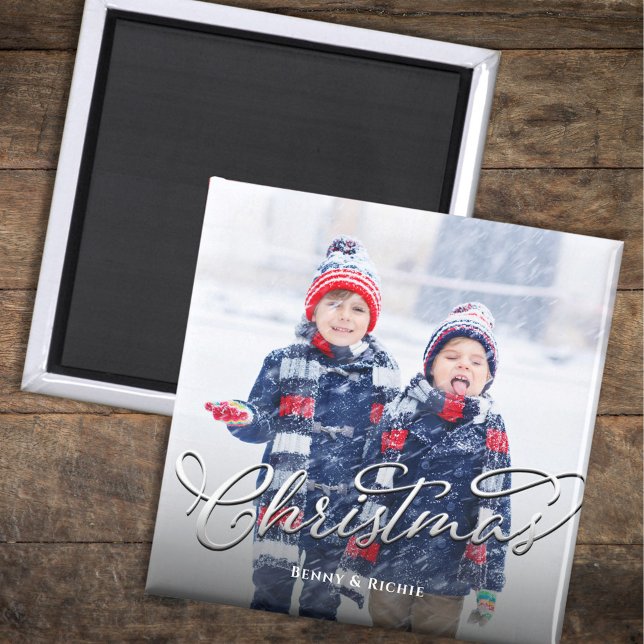 Einfache frohe Weihnachts-Fotovorlage Magnet (Merry Christmas holiday photo magnet with silver calligraphy script. )
