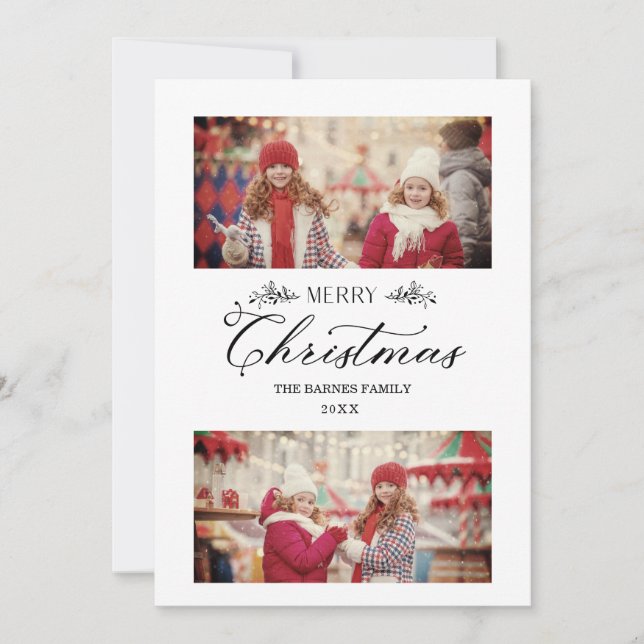 Einfache frohe Weihnachtszweige 2 Fotos Karte (Vorderseite)