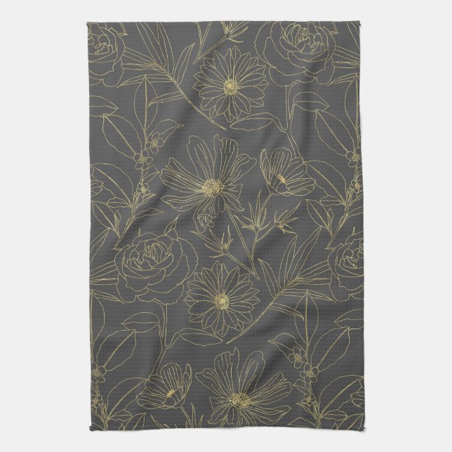Einfache Gartenanlage Blume Gold Konturen Design Geschirrtuch (Vertikal)