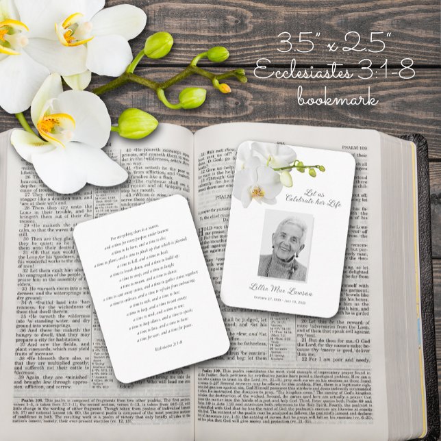 Einfache Gedenkkarte für das Beerdigungsgebet Visitenkarte (Photo memorial bookmark with Ecclesiastes 3:1-8 on the back.)