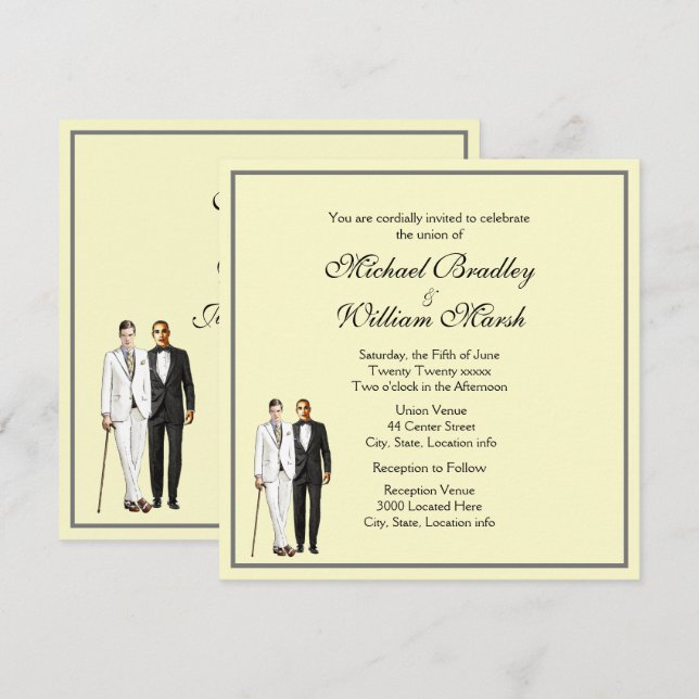 Einfache gelbe Groom- und Gay-Hochzeit Einladung (Vorne/Hinten)
