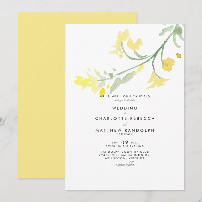 Einfache Gelbe Wildblume-Stem-Hochzeitseinladung Einladung (Vorne/Hinten)