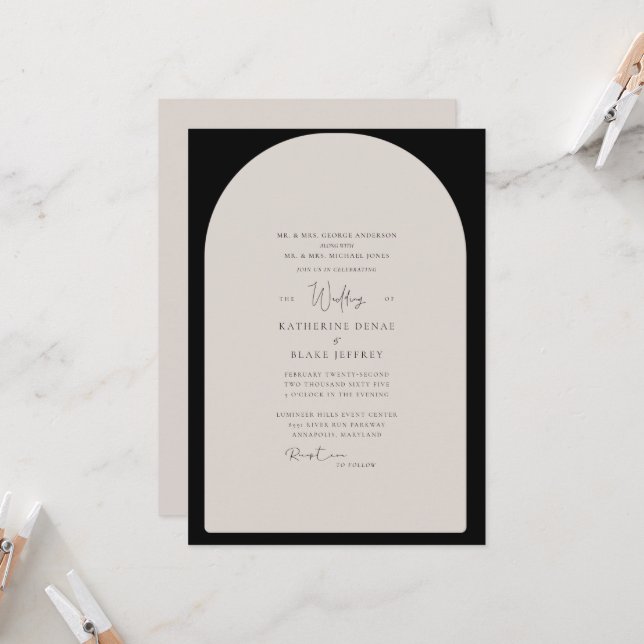 Einfache, geometrische Hochzeit von Schwarz und Ta Einladung (Vorderseite/Rückseite Beispiel)