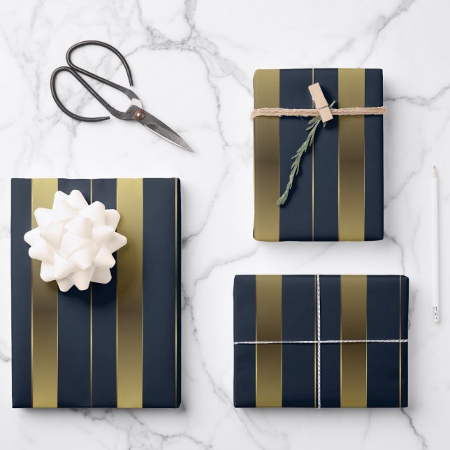 Einfache geometrische Streifen aus Gold und Navy Geschenkpapier Set (Vorderseite)