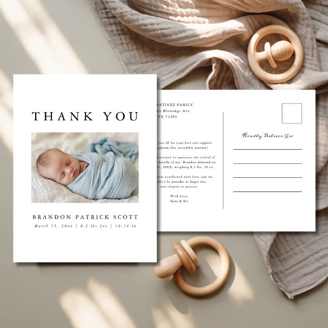 Einfache Geschlechterneutralität Danke Baby Foto B Ankündigungspostkarte (Von Creator hochgeladen)