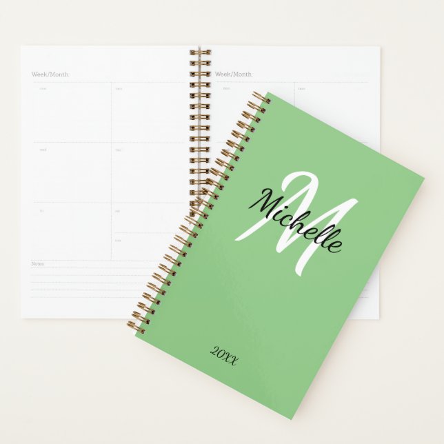Einfache Girly Green Monogram Name + Initial Planer (Anzeige)