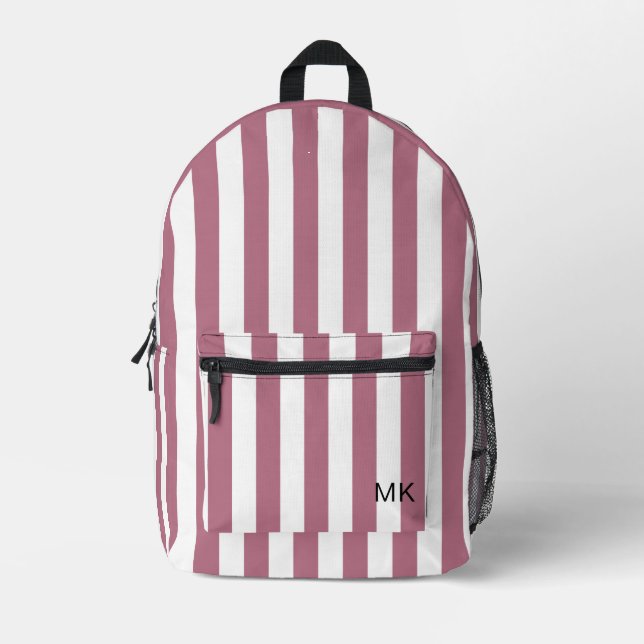 Einfache, Girly-Pink-Stripte Monogramm-Initialen Bedruckter Rucksack (Vorderseite)
